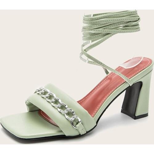 Womens Shoes Sandals Slippers 7.5cm Heel Chain Decor Ladies Designer Shoes Female Ankle Strap Square Toe Casual Footwear Summer