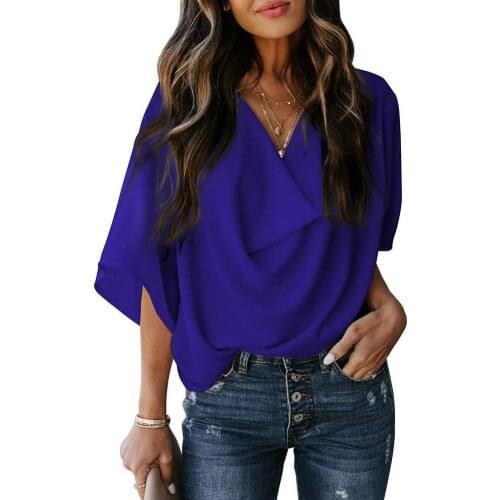 Women shirt fashion solid color half-sleeved V-neck draped front shirt loose top T-shirt all-match summer 2021 блузка женская