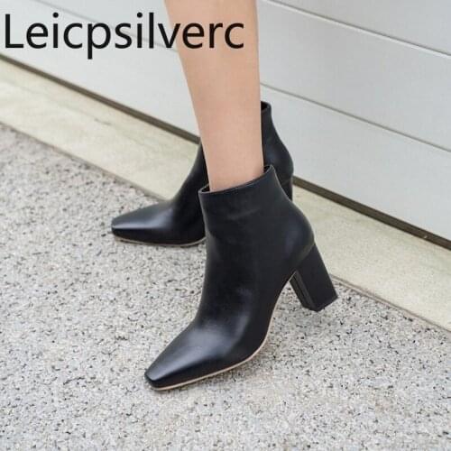 Womens Boots Autumn And Winter The New fashion Square head zipper Thick heel High heel Short tube Womens shoes plus size 36-47