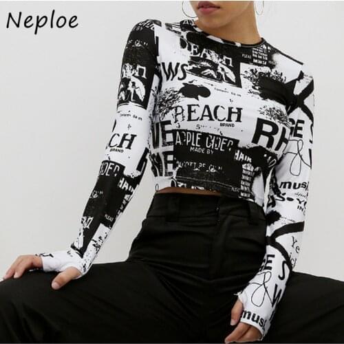 Neploe Retro Print Women T Shirts Summer 2021 New O-Neck Long Sleeve Tees Fashion Hollow Out Lumbar Ladies Tops 45079