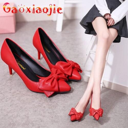 Gaoxiaojie 2021 Fashion Women Pumps Sexy Pointed End High Heel Wedding Bride Shoes Pure Colour 7.5CM Bow Concise Work Stilettos