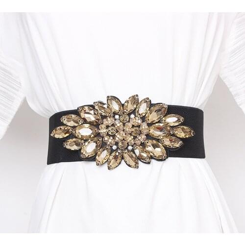 Big Crystal Gem Champagne Grey White Waist Belt for Women Flower Rhinestone Elastic Strech Corset Ladies Elegant Dress Gown Belt