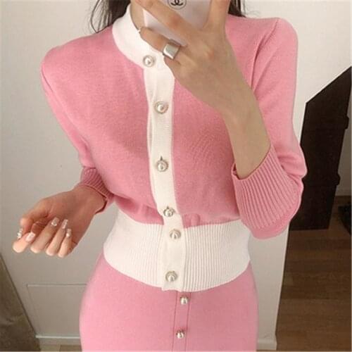 Autumn Winter Knitted 2 Piece Set Women O-neck Patchwork Single Breasted Cardigan Slim Elastic Skirt Korean Chic Suits Crop Top