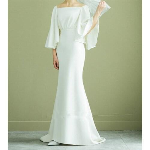 Soft Satin Simple Mermaid Off-Shoulder Vintage Strapless Sweep Train Backless Wedding Gown Wedding Dress Bride robe