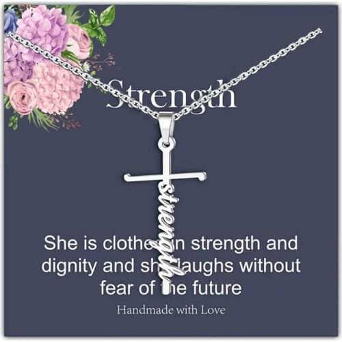 Female Stainless Steel Chain Necklace Silver Color STRENGTH Cross Pendant Necklace For Women Fashion Jewelry Gift LGS1983