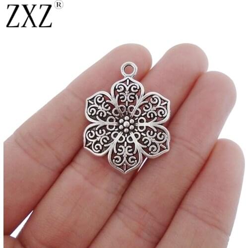 ZXZ 10pcs Filigree Flower Charms Pendants for Necklace Bracelet Jewelry Making Findings 31x24mm
