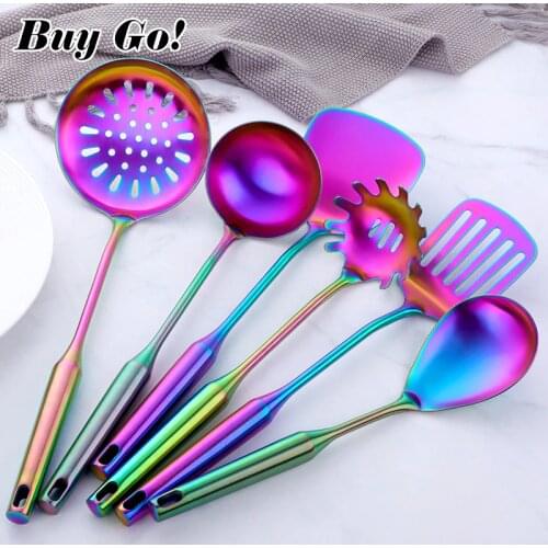 1PCS Stainless Steel Rainbow Kitchen Utensils With Holder Cooking Tools Set Turner Ladle Spoon For Restaurant Dinnerware