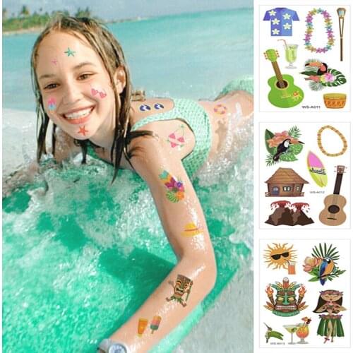 1P Hawaii Colorful Waterproof Tattoo Stickers Guitar Coconut Tree Bikini For Body Waist Body Art Summer Beach Party Decorations