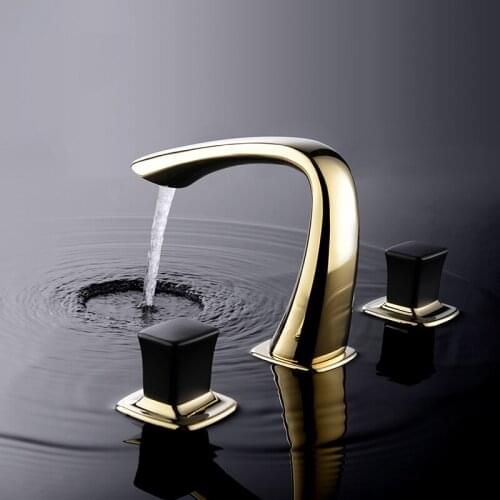 Free ship TI-PVD GOLD 8" Widespread Ceramic Valve Three Holes 3 Pcs lavatory Bathroom Sink Faucet Mixer tap black handles