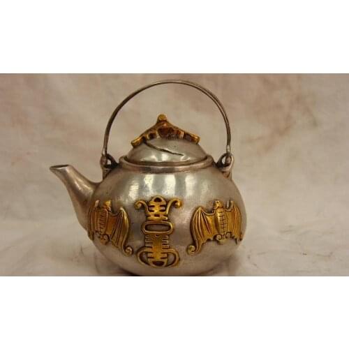 4.5 Chinese Folk White Copper Silver Lucky Fu Bat Teapot Kettle Flagon wine pot