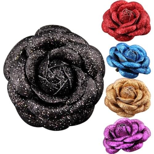 5.5cm Shining Dazzling Pink Leather Rose Flower Brooch Camellia Corsage Lapel Pin Desinger Luxury Jewelry Women Hat Accessories