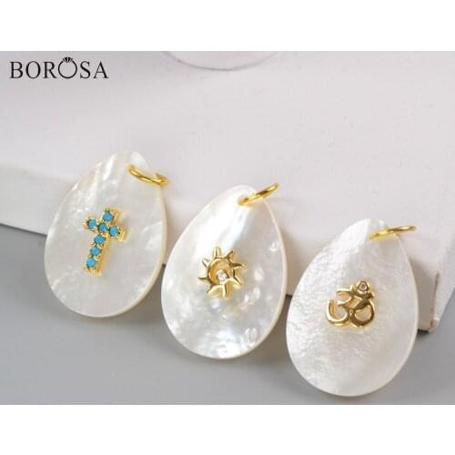 BOROSA Design 10PCS Teardrop Gold Natural White Shell Slice With Multi-shape Rainbow Zircon Charm Pendant for Necklace DIY G1803