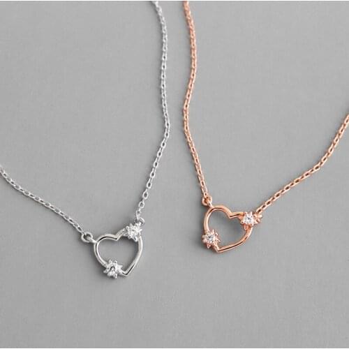 Korean Style S925 pure silver zircon crystal Love Heart Flower Pendant necklace student female silver jewelry