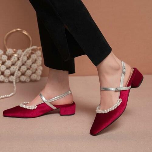 COOLULU 2020 New Fashion Women Pearl Pumps Mid Heel Slinback Ladies Pumps Shoes Casual Flock Women Square Toe Pumps Size 33-46