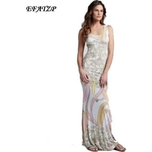[EFATZP] Free shipping Europe Top Fashion Sleeveless Flower Printed Silk Jersey Maxi VEST Sheath Dress,S-XXL