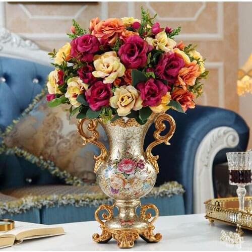 EUROPEAN RESIN VASE+ARTIFICIAL FLOWER SET FIGURINES OFFICE HOME FURNISHING CRAFTS DECORATION LIVINGROOM SILK FAKE FLOWER POT ART