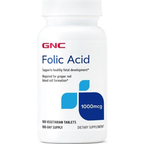 GNC FOLIC ACID 1000 MCG，100 Vegetarian Tablets，Supports Healthy Fetal Development, for Red Blood Cell Formation, FREE SHIPPING