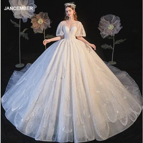 JKM044 White V-neck Primary Wedding Dress 2021 New Bridal Elegant Starry Sky Trailing Simple Fashion Summer Princess Style
