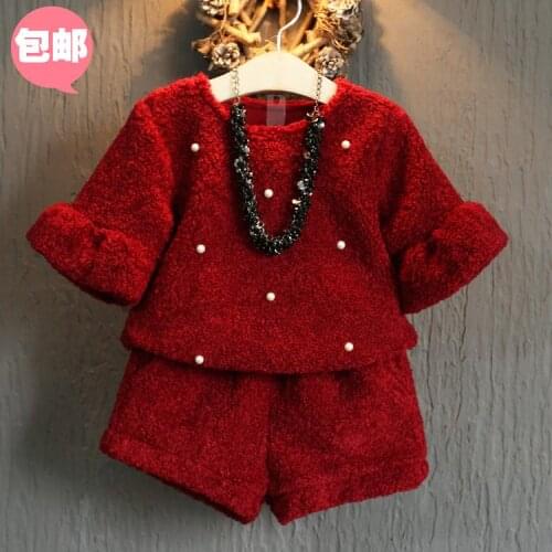Hot Sale Girls Fall Winter Velvet Suit Baby Kids Flannel Horn Sleeve Sweater + Shorts Pant 2 Pcs Children Pearls Clothes Set B41