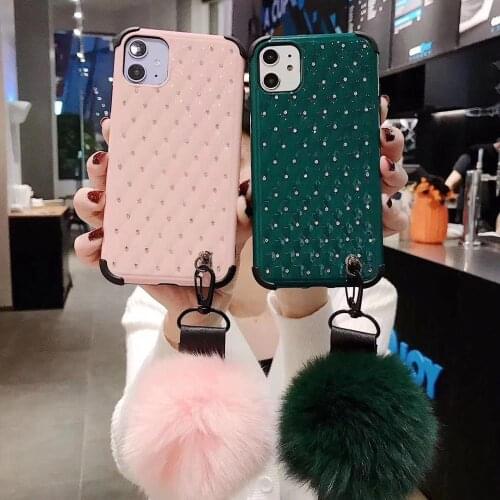 Fashion Cute Bling Crystal Diamond Fur Ball Pendant Hand Chain Hard Back Case Cover For iPhone 11 Pro XS Max XR X 8 7 6 6S Plus
