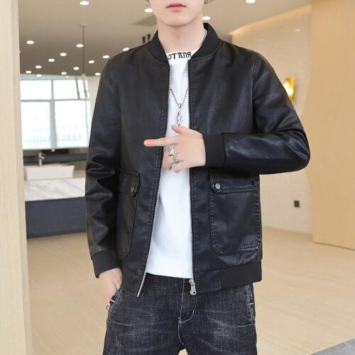 2020 Leather Jacket Men Bomber Baseball Jacket Biker Pu Coat Faux Pilot Fleece College Top Leather Black Slim Fit Motorcycle