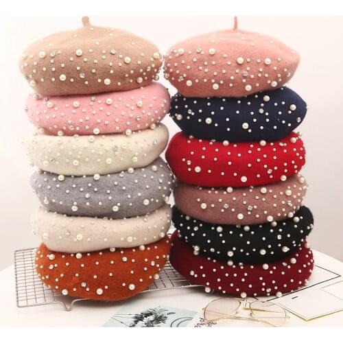 New French Pearl Diamond Woolen Beret Autumn Winter Warm Outdoor Sports Hiking Caps Vintage Beret Hats Elegant Lady Caps