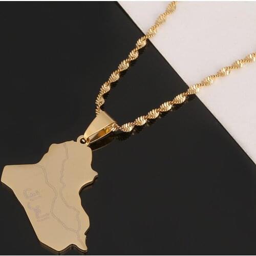 Stainless Steel Gold Color Iraq Map Pendant Necklace Trendy Map Of Iraq Chain Jewelry