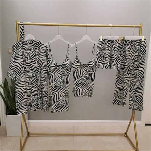 Five-piece Home Furnishing Zebra Print Pajamas Feminine Suspender Shorts Nightdress Long Sleeves Fashion Nightgown Loose pijamas