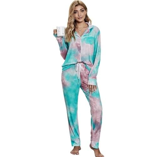 Tie-dye Pajamas Women 2021 New Casual Knitted Long-sleeved Trousers Womens Home Suit Sports Breathable Comfortable Lightweight