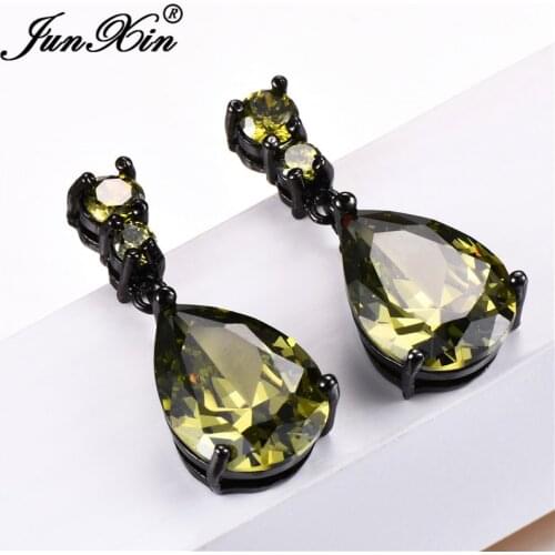 JUNXIN Olive Green/Purple/White Teardrop Stone Drop Earrings For Women Black Gold Filled Water Drop Zircon Birthstone Earrings