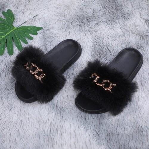Fluffy Flip Flops Real Fox Raccoon Fur Slippers Designer Golden Chain Furry Fur Slides Plush Beach Slippers Women Summer Sandals