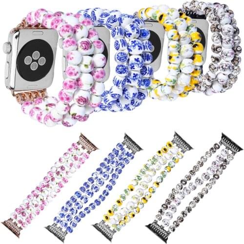 Flower Ceramic Round Beads Stretch Bracelet for Apple Watch Band Series 3 Strap for iWatch Series 1&2 42mm 38mm Watchbands