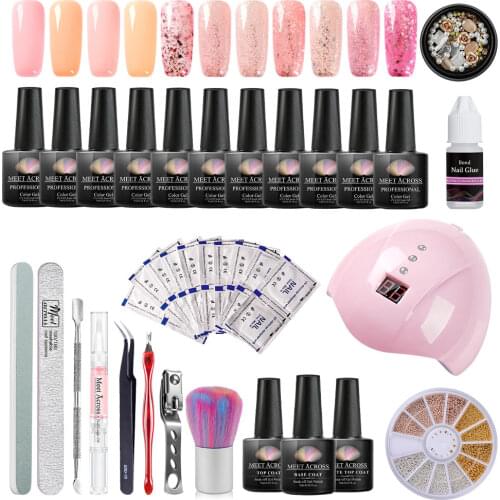 MEET ACROSS Rose Gold Glitter Gel Nail Polish Set For Manicure Set UV LED Lamp Manicure Tools Semi Permanent Pure Color UV Gel