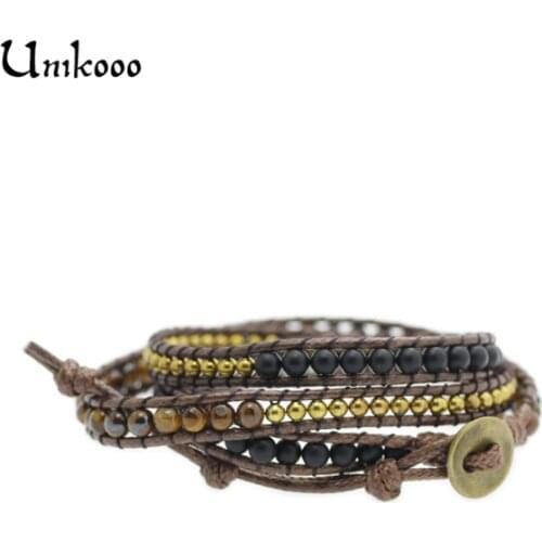 Unique Tiger Eye Stone with Copper Beads 3 Strands Wrap Bracelets Handmade Bohemian Weaving Leather & Wax Bracelet Customized