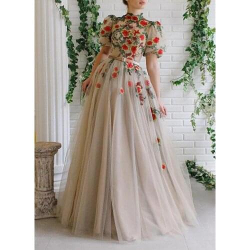 Embroidery Tulle Prom Dresses 2021 O Neck Short Sleeves Formal Evening Party Ball Gown Dress Robe De Soiree