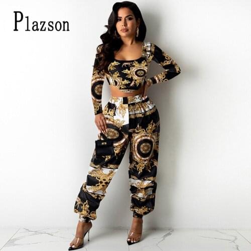 Plazson Gold Print Two Piece Set Women Autumn Square Neck Long Sleeve T Shirt Tops And Loose Pant Matching Set Vintage Outfit