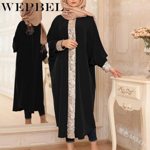 WEPBEL Women Dress Batwing Sleeve Sequined Casual Muslim Abaya Fashion Islamic Lady Long Maxi Dresses