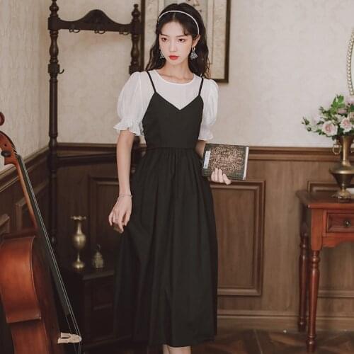 Summer Dress Retro French Dresses Women 2021 Summer Vestidos Round Neck SimpleElegant Black Stitching Puff Sleeve Midi Dress