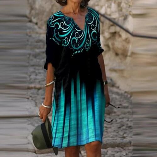 2021 New Women Printing Dress Summer V-Neck Half Sleeve A-Line Dresses Female Retro Boho Loose Party Dress Vestidos платье 5XL