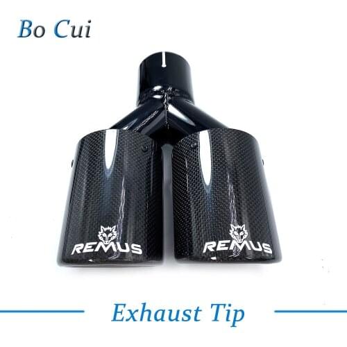1Pcs Car Modification Universal Dual Glossy Black Automobile Remus Logo Exhaust Pipe Muffler Pipe Carbon Fiber Exhaust Tip