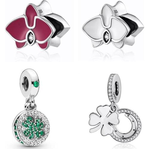 Authentic S925 Silver Dangle Bead Petas Clover Lucky Day Pendant Charm for Women Bracelet Bangle DIY Jewelry