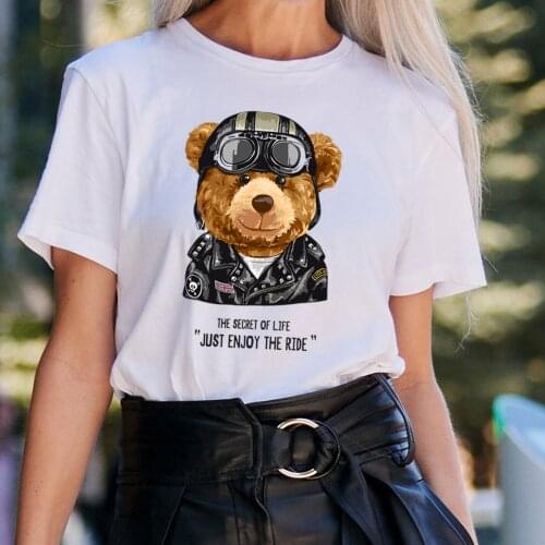 BLINGPAW Minimalist Women Graphics T-shirt Teddy Bear Short-sleeved Tops Tees O-Neck Casual Large Size 100% Cotton