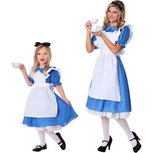 Kids Girls Blue Maid Costume Party Maid Lolita Cosplay Adult Women Halloween Princess Fancy Dress Up Outfit