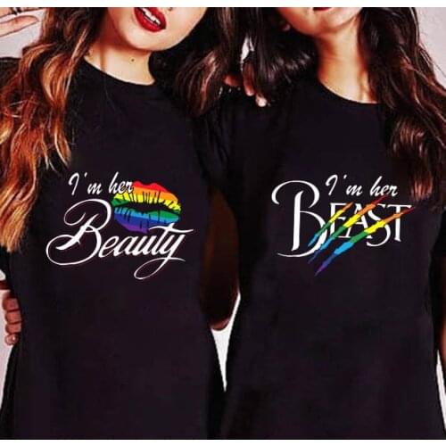 Gay Pride T-Shirt Lesbian Couple T Shirt Sweet I'M Her Beast & I'M Her Beauty Letter Print O Neck Short Sleeve Lgbt T Shirt