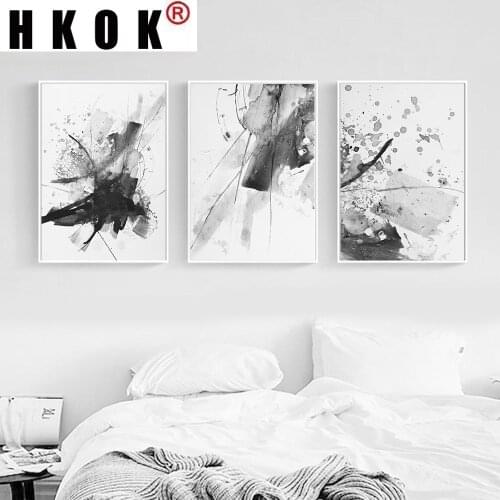HKOK Abstract Black White Watercolor Canvas Painting Wall Art Print Poster Picture Modern Living Room Home Decoration