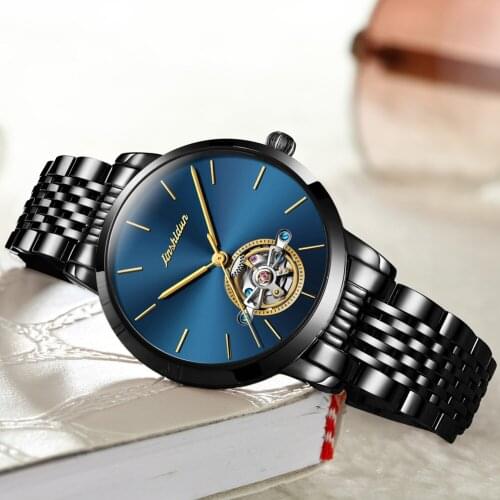 JSDUN Brand Hollow Watch New Mechanical Ladies Luxury Watch Female Clock Blue Dial Crystal Fashion Casual Stainless Steel Watch