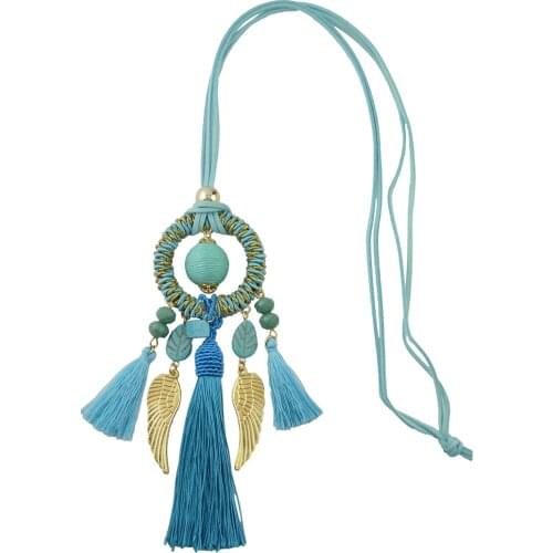 Bohemian Dream Catcher Necklace Bib Wings Charm Feather Leather Resin Bead Tassel Pendant Necklace Women Girls Indian Jewelry