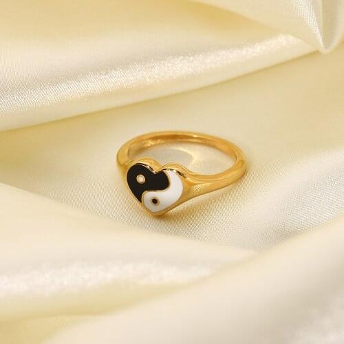 Stainless Steel Gold Plated ring Yinyang Black and white love gossip ring fashion jewelry rings for women