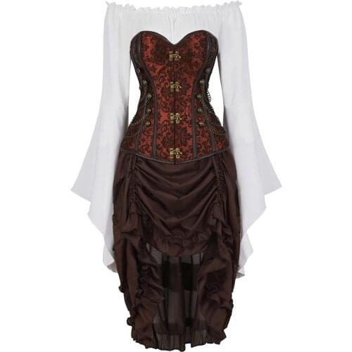 Corset Bustiers with Pirate Skirt and Blouse Steampunk Waist Boned Korsage Sexy to Wear Out Carnival Dance Party Costume