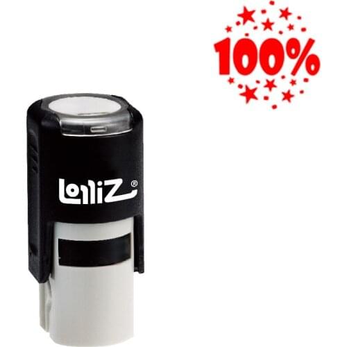 LolliZ "100%" Round Self-Inking Stamp, Teacher Stamp W/Lid, Laser Engraved Rubber, RED